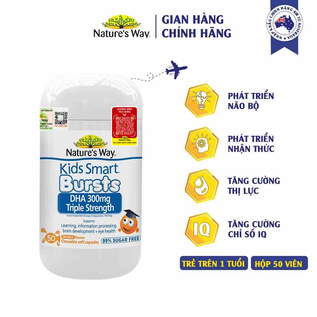 Viên Nhai Natures Way Kids Smart DHA 300mg Triple Strength Tăng Cường Sự Phát Triển Của Trẻ 50 Viên