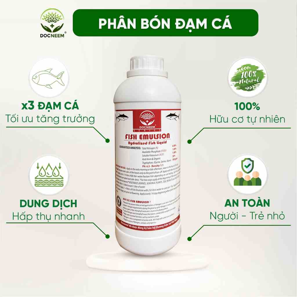 Phân đạm cá Docneem, phân cá Fish Emulsion (1 lít)  hữu cơ cho hoa hồng, rau sạch, hoa, cây cảnh trong nhà ngoài trời