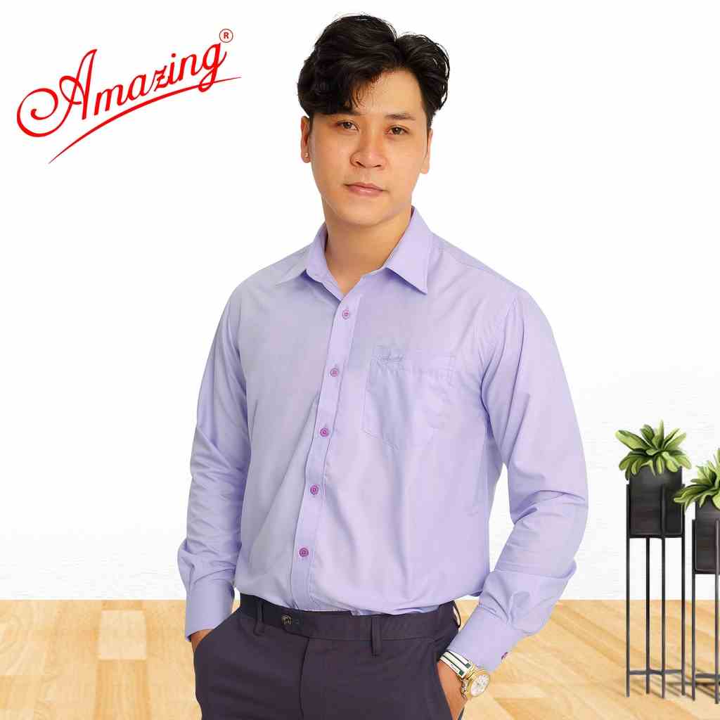 Áo sơ mi nam tay dài màu tím Lavender, thời trang công sở Amazing vạt bầu đuôi tôm, vải lụa trơn, bigsize