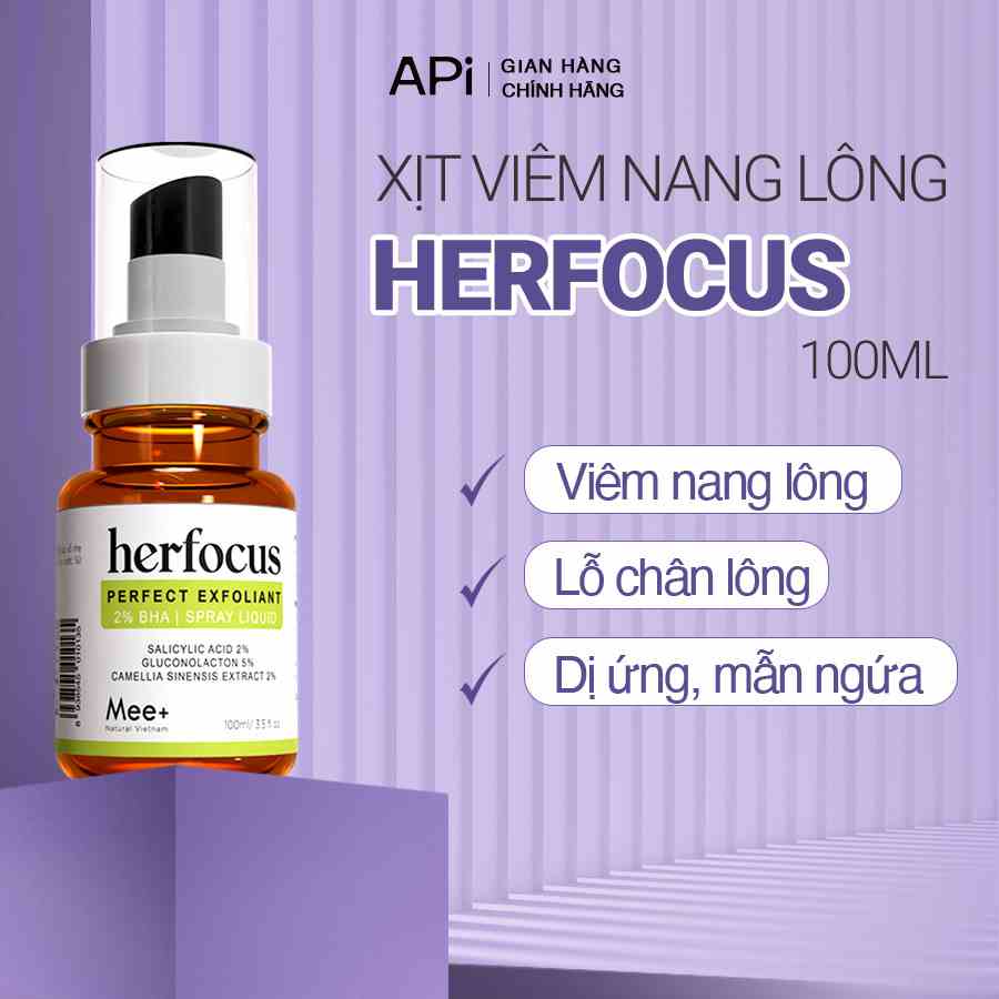 Viêm nang lông, viêm lỗ chân lông HERFOCUS - Xịt viêm nang lông 2% BHA 100ml Mee Natural