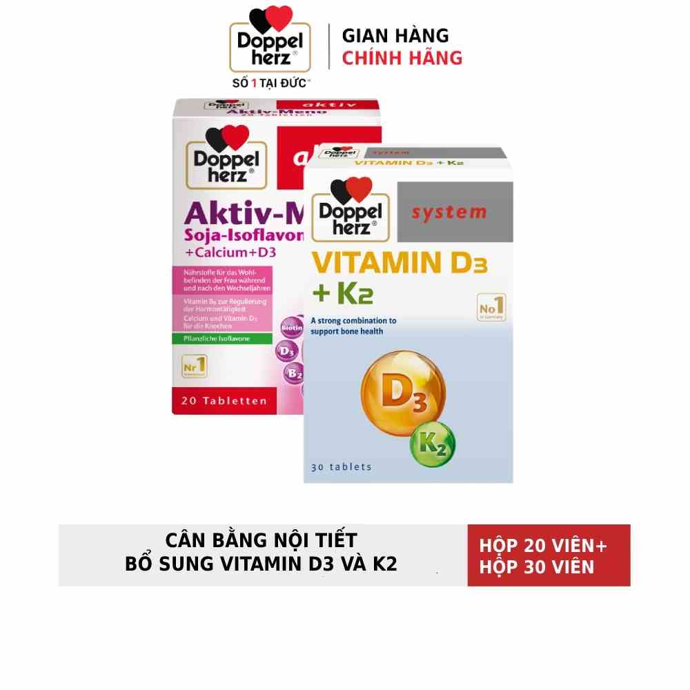 Bộ đôi tăng cường hấp thụ Canxi, cân bằng nội tiết tố nữ Doppelherz Vitamin K2 D3 (30 viên) và Aktiv Meno (20 viên)