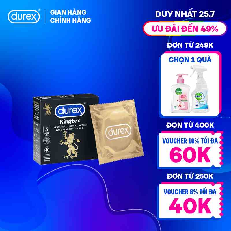 Bao cao su Durex Kingtex ôm sát, bôi trơn, size 49mm, hộp 3 bao