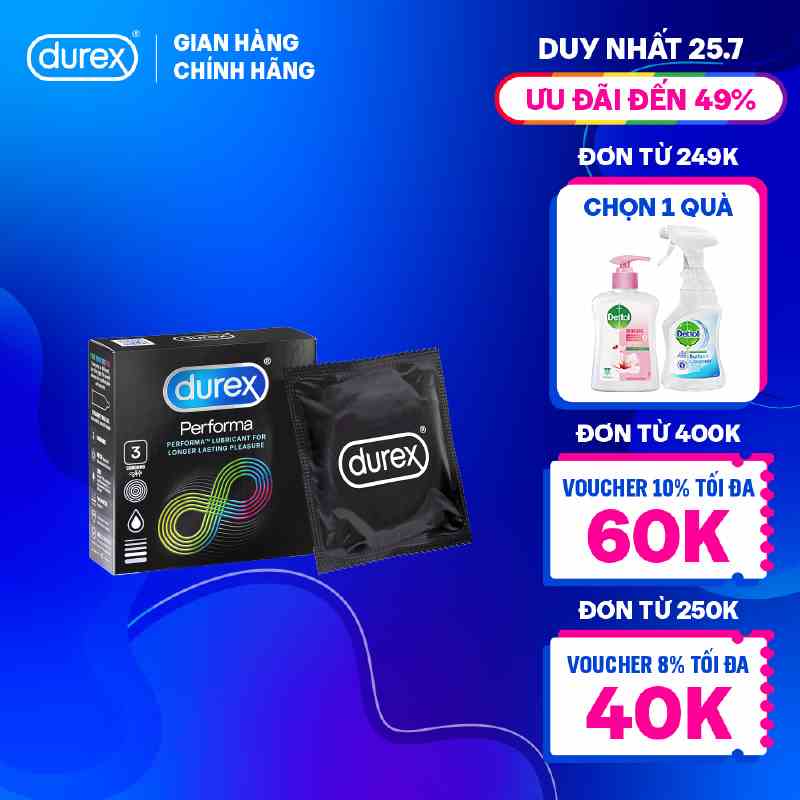 Bao cao su Durex Performa kéo dài thời gian, size 52mm, 3 bao/hộp)