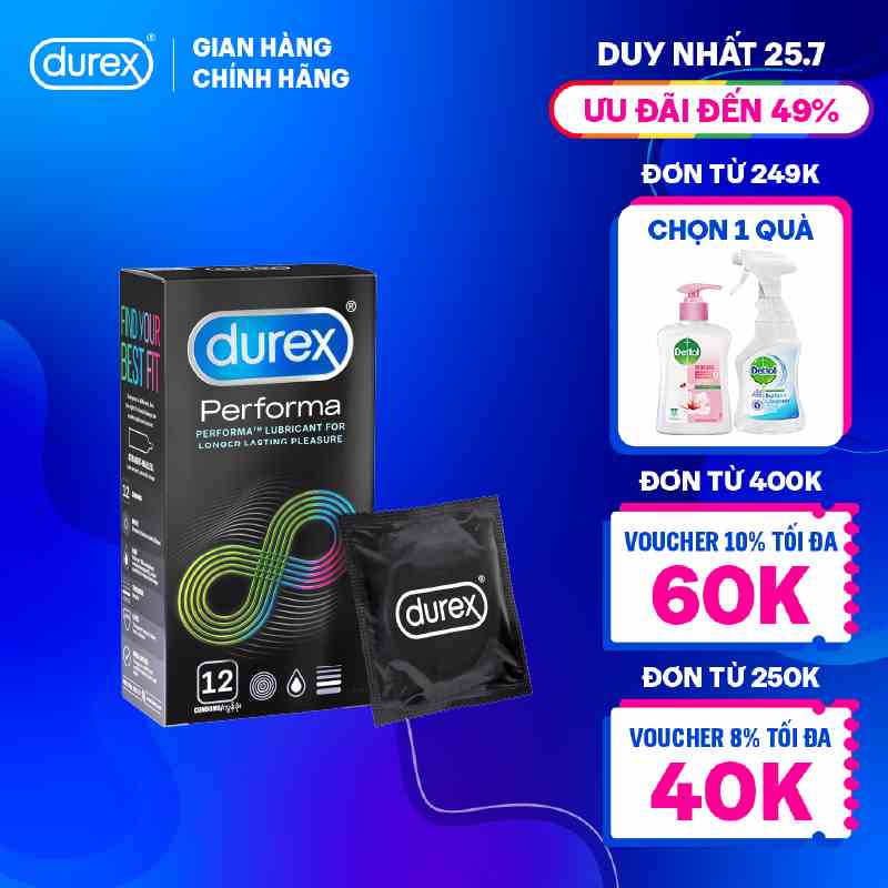 Bao cao su Durex Performa kéo dài thời gian, size 52mm, hộp 12 bao