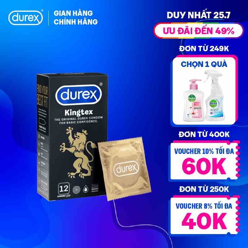 Bao cao su Durex Kingtex ôm sát, bôi trơn, size 49mm, hộp 12 bao