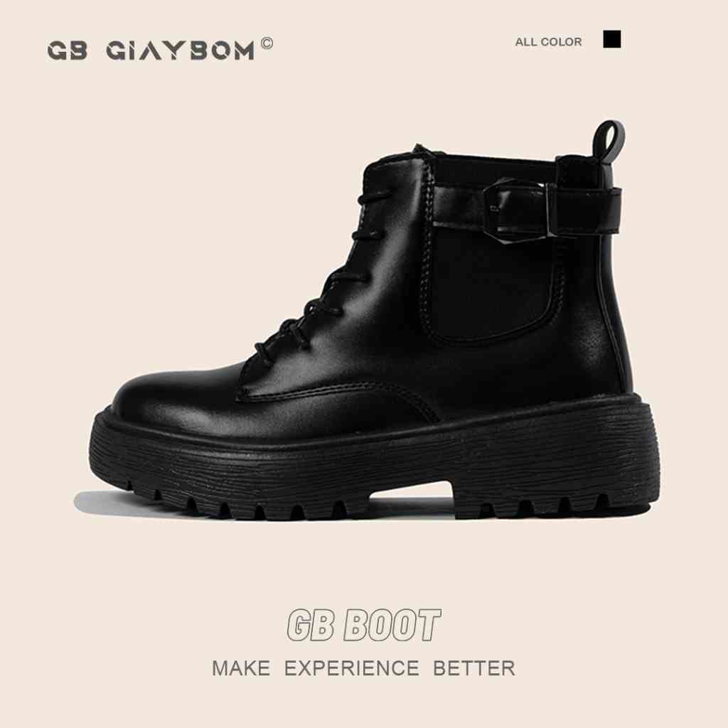 Giày Bốt Nữ Cổ Cao Đế Độn Da Bóng Màu Đen Thời Trang Phong Cách Mới Nhất Giày BOM GB Boot B1313