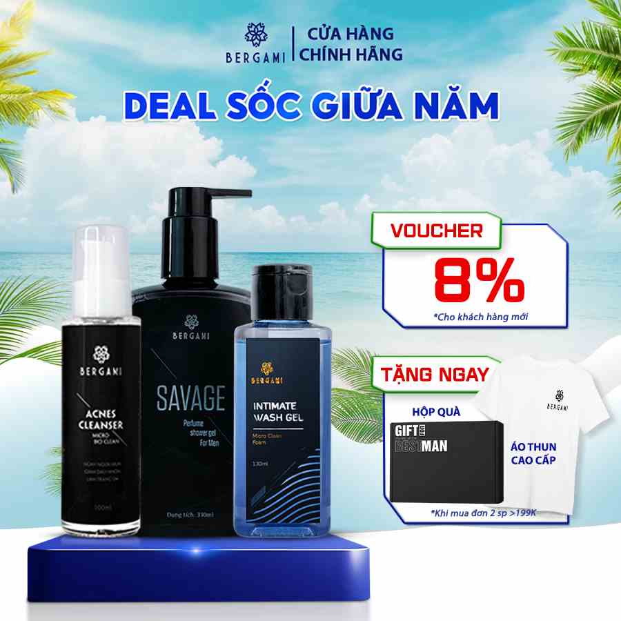 Combo Quà Tặng Nam Giới Bergami, Sữa Tắm Nước Hoa Nam 330ml & Dung Dịch Vệ Sinh Nam 130ml & Sữa Rửa Mặt Nam 100ml