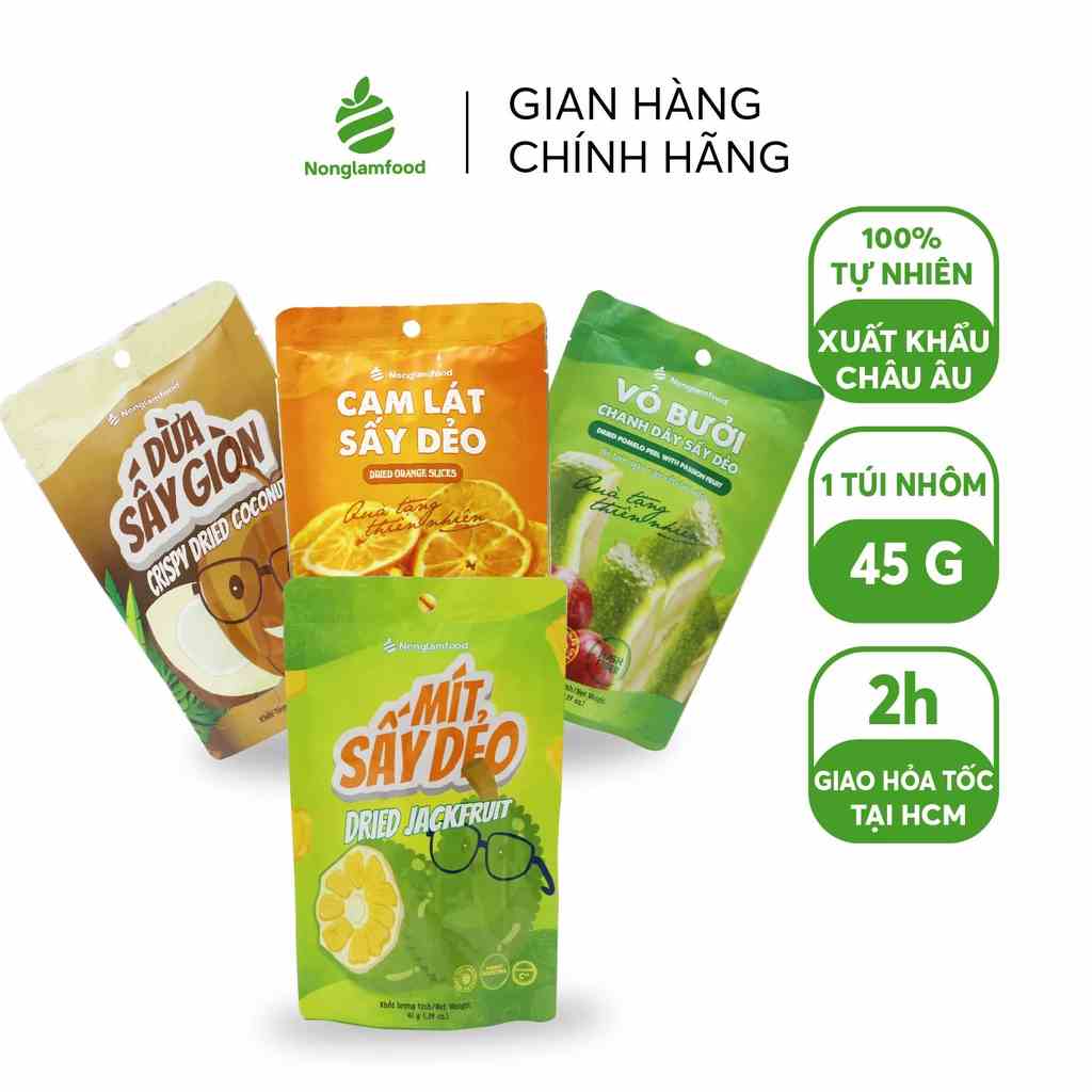 Trái cây sấy ăn vặt tăng đề kháng, ăn kiêng, đẹp da Nonglamfood (Cam lát 45g, Mít 45g, Bưởi chanh dây 45g, Dừa giòn 45g)