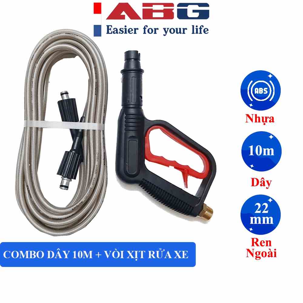 Combo Súng Rửa Xe Và Dây Rửa Xe 10M  ABG - Dùng Cho Máy Bơm, Máy Rửa Xe Áp Lực Cao, Ren 22mm