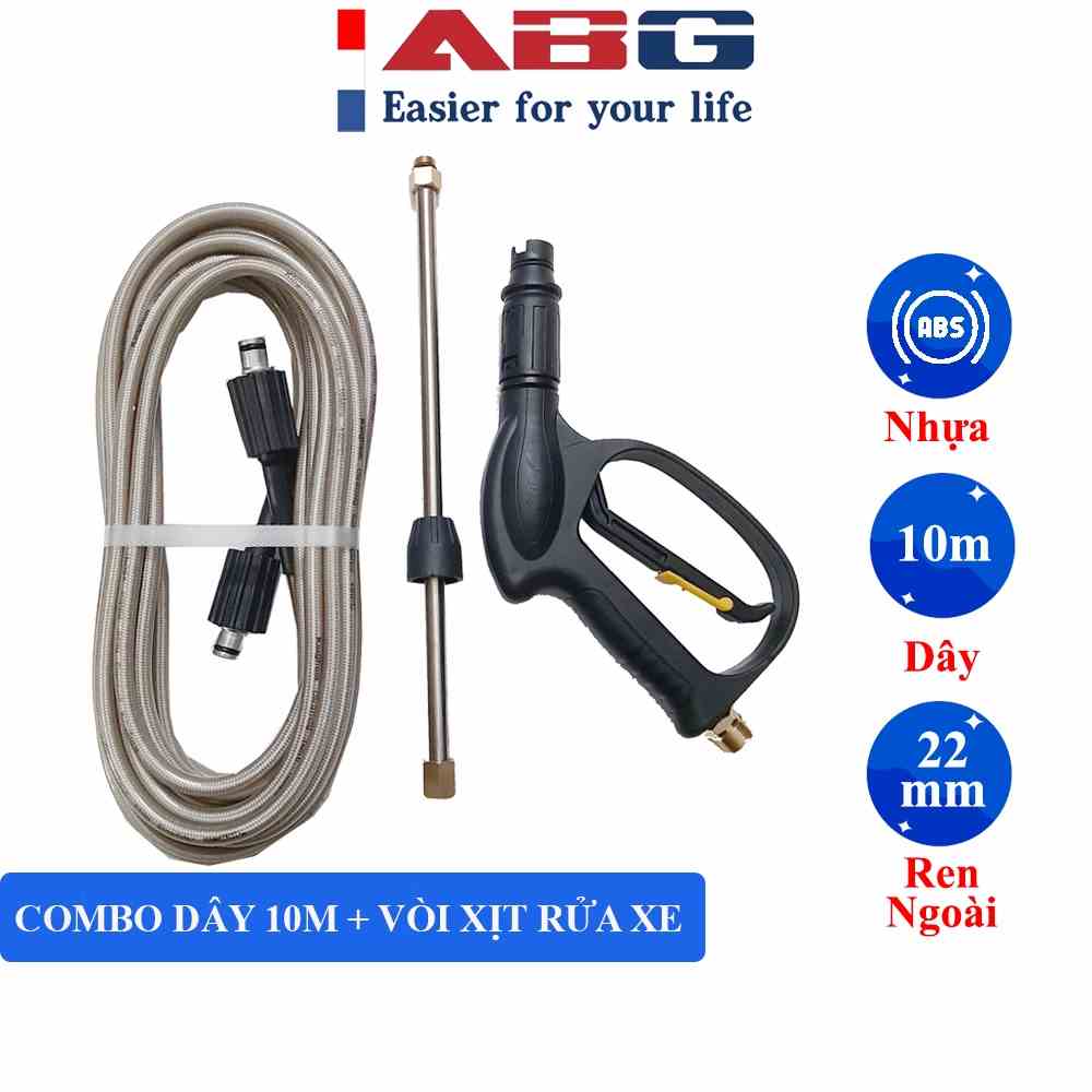 Combo Súng Rửa Xe Cao Cấp Và Dây Rửa Xe 10M ABG - Dùng Cho Máy Bơm, Máy Rửa Xe Áp Lực Cao, Ren 22mm