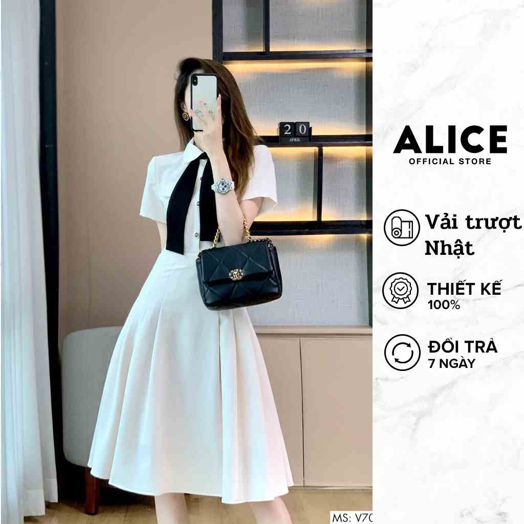 Váy Trắng Công Sở Tiểu Thư Dáng Xòe ALICE V707, Thiết Kế Tay Lỡ Phối Nơ Cổ Sang Chảnh