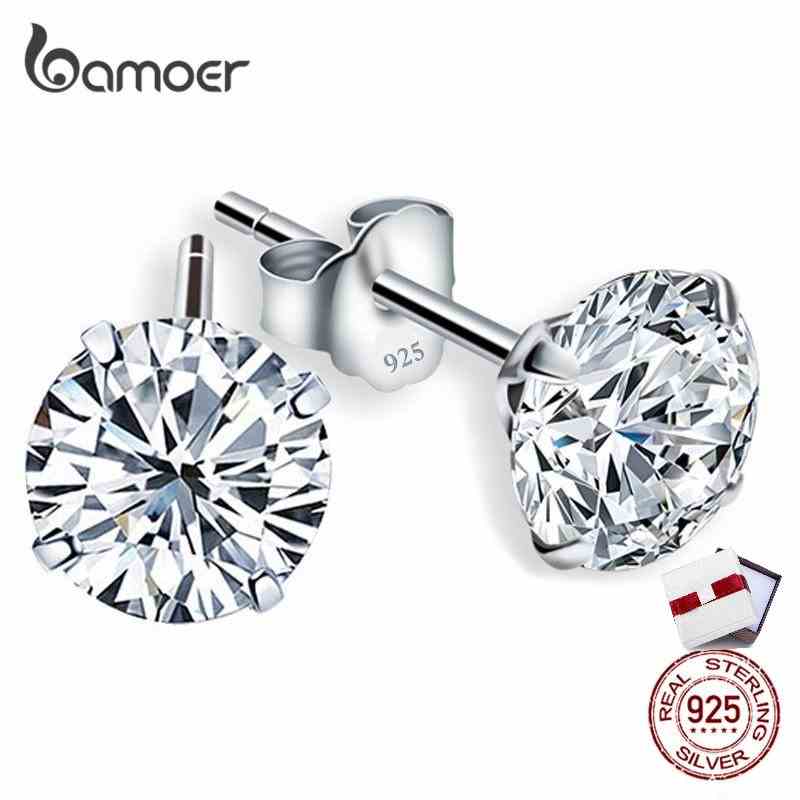 BAMOER 1 Đôi Bông Tai Dáng Tròn bạc 925 Đính Đá Zircon 4mm 5mm 6mm 7mm Thời Trang Cho Nữ