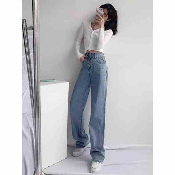 Quần Baggy Jean Nữ Lb Lưng Cao, Kết Đai 2 Bên, 2 Màu Xanh - Xám, Lb3216