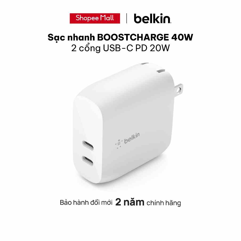 Adapter sạc nhanh BOOSTCHARGE Bekin 40W - 2 cổng USB-C PD 20W - Hàng chính hãng - Bảo hảnh 2 năm - WCB006dq