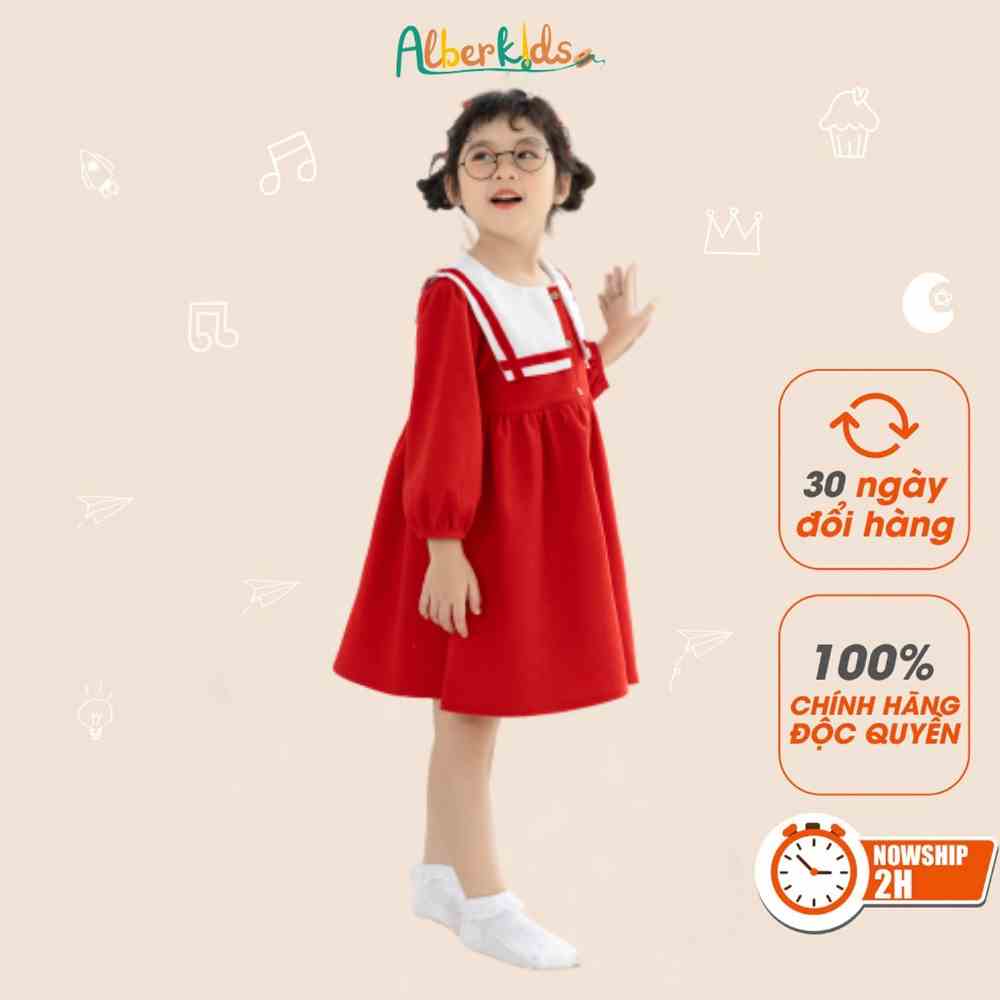 Váy bé gái ALBERKIDS thu đông tay dài đỏ phối cổ trắng xinh đẹp cho trẻ em gái từ 2,3,4,5,6,7,8,9,10,11,12 tuổi [V35]