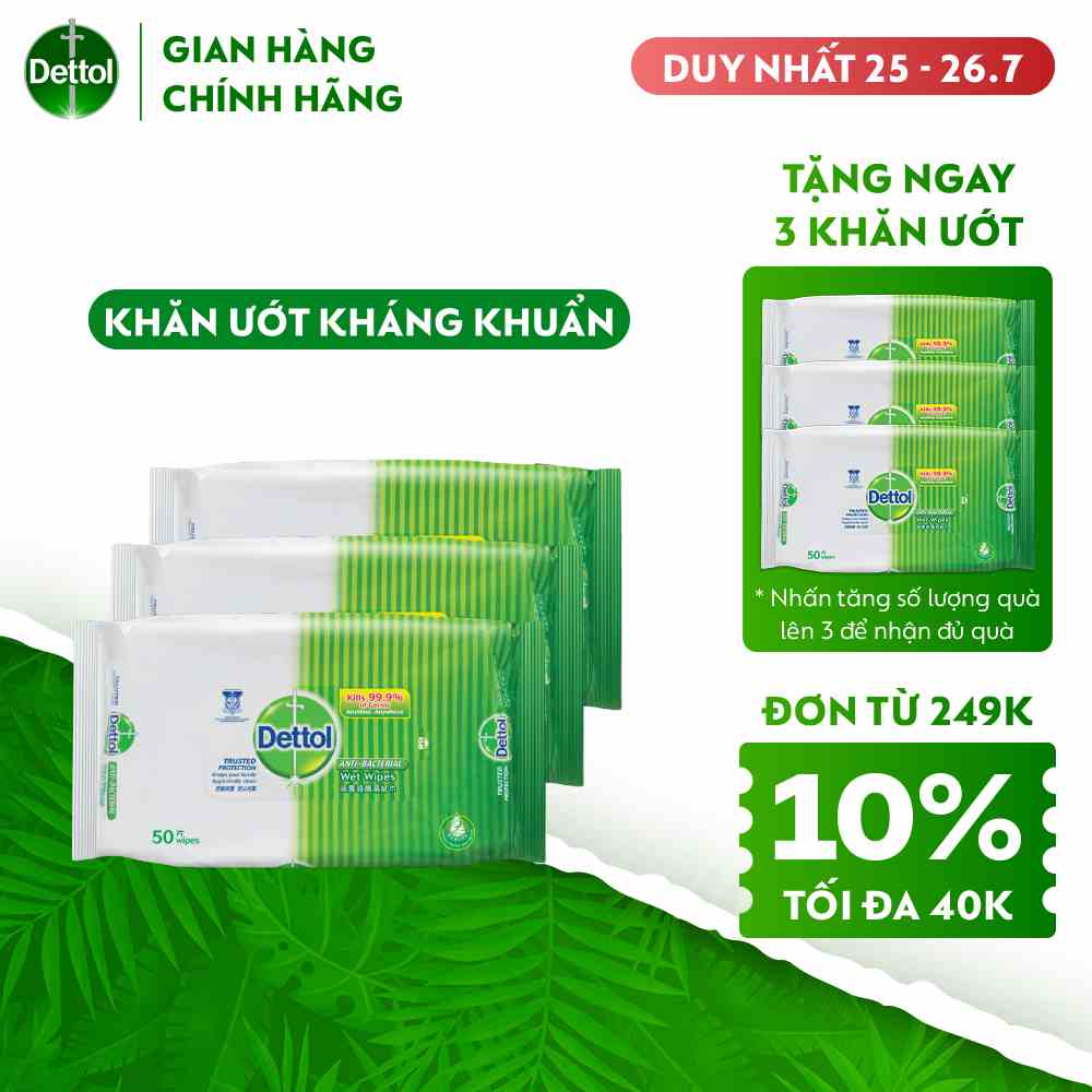 Combo 3 khăn ướt Dettol kháng khuẩn