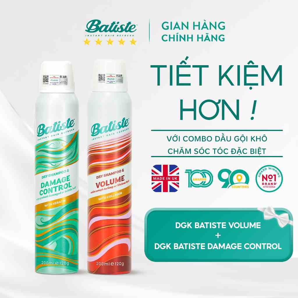 Combo 2 Chai Dầu Gội Khô Batiste 200ml Chăm Sóc Tóc Hư Tổn Và Làm Phồng Tóc Damage Control & Volume