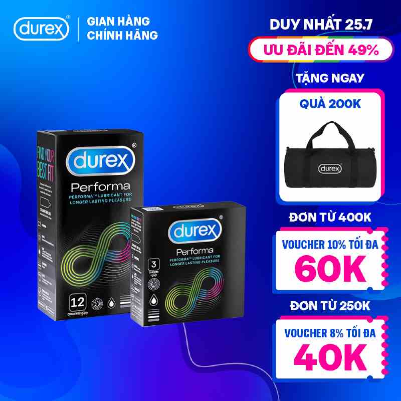 Bộ bao cao su Durex Performa kéo dài thời gian size 52mm, 1 hộp 12 bao và 1 hộp 3 bao