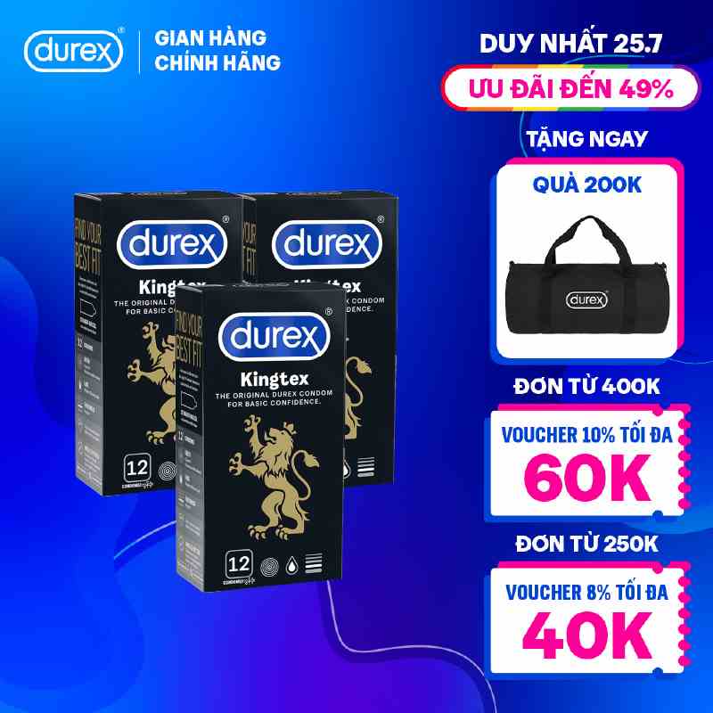 Bộ 3 bao cao su Durex Kingtex, ôm sát, bôi trơn size 49mm, hộp 12 bao