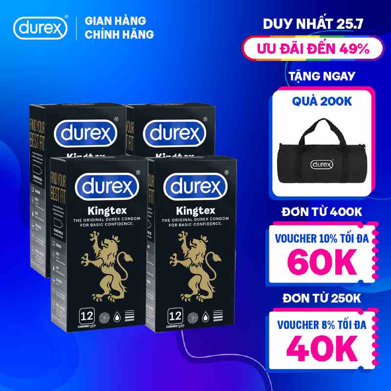 Bộ 4 hộp bao cao su Durex Kingtex bôi trơn, ôm sát size 49mm, 12 bao/hộp