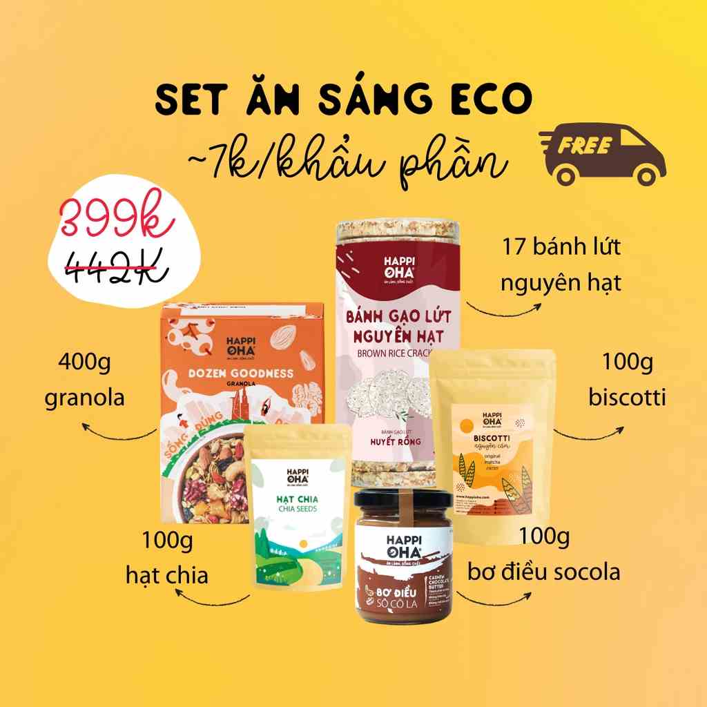 Set ăn sáng ECO HAPPI OHA gồm 5 sản phẩm granola, bánh gạo, bơ điều socola, bánh biscotti, hạt chia