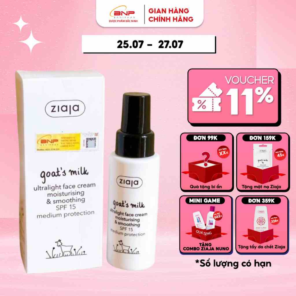 Kem dưỡng ẩm sữa dê Ziaja Goats Milk Ultralight Face Cream Moisturising & Smoothing SPF15 mềm mịn, ngừa lão hóa da 50ml