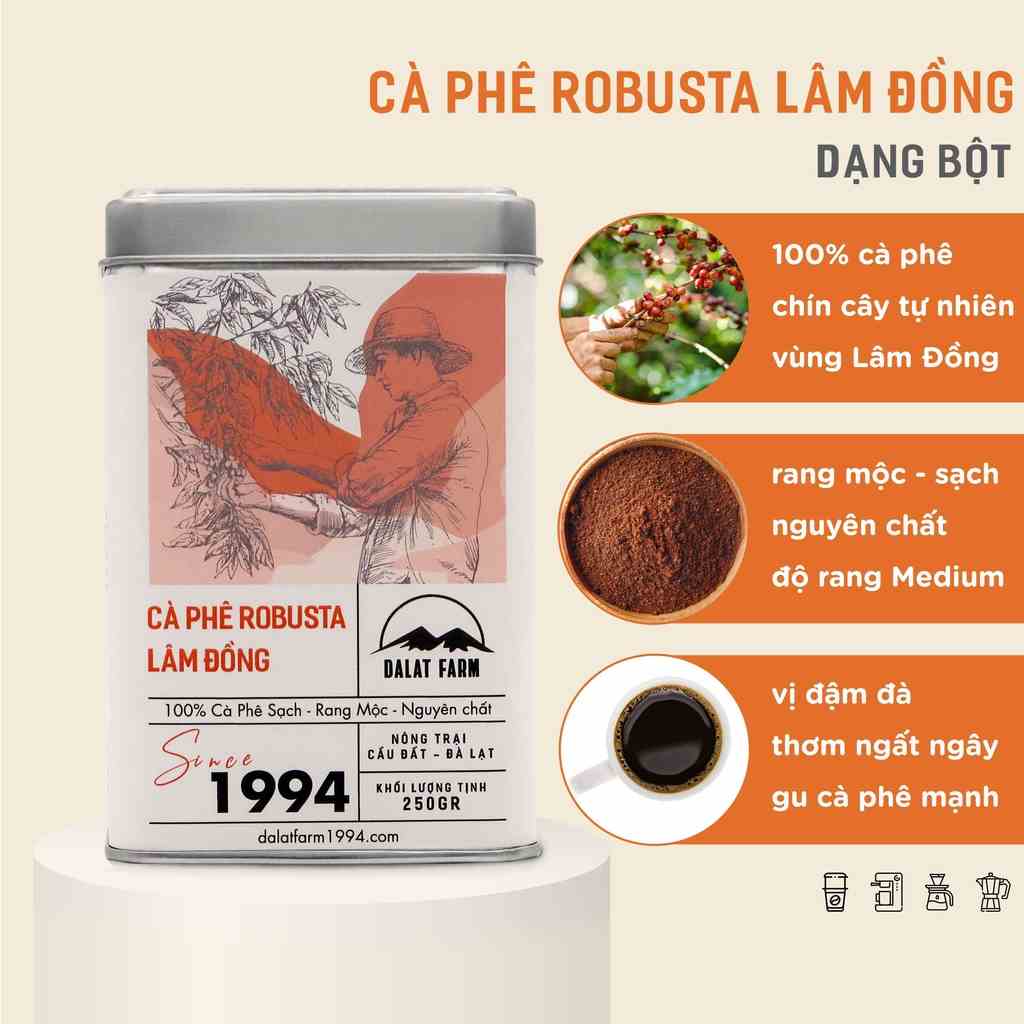 Cà Phê Robusta Lâm Đồng Dalat Farm - Hộp 250Gr (Dạng bột)