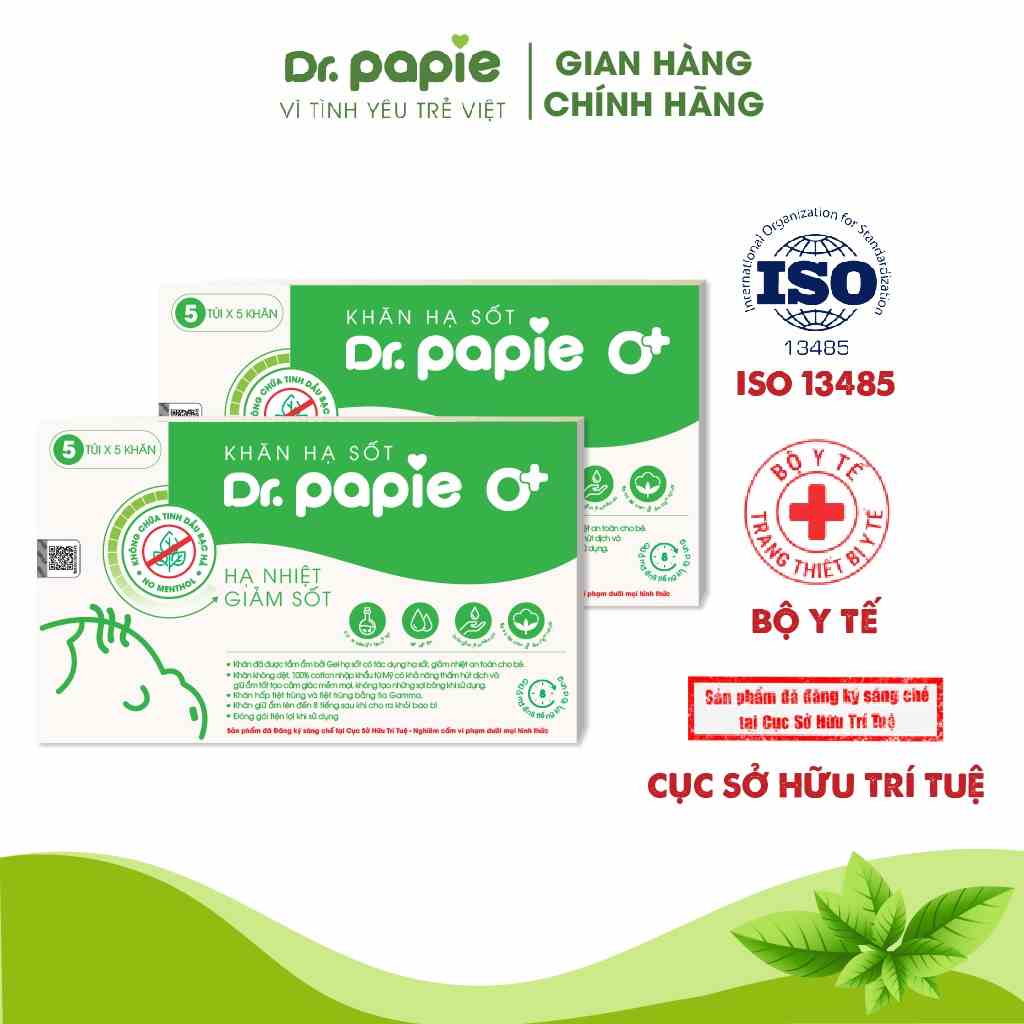 Combo 2 Khăn Lau Hạ Sốt 0+ Dr Papie Thải Nhiệt Hạ Sốt Chuẩn Nhi Khoa, Ngăn Ngừa Co Giật Cho Bé Hộp 5 Gói x 5 Khăn/Gói x2