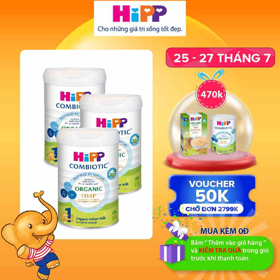 Combo 3 lon Sữa bột công thức HiPP 1 Organic Combiotic 800g (3 lon x 800g).