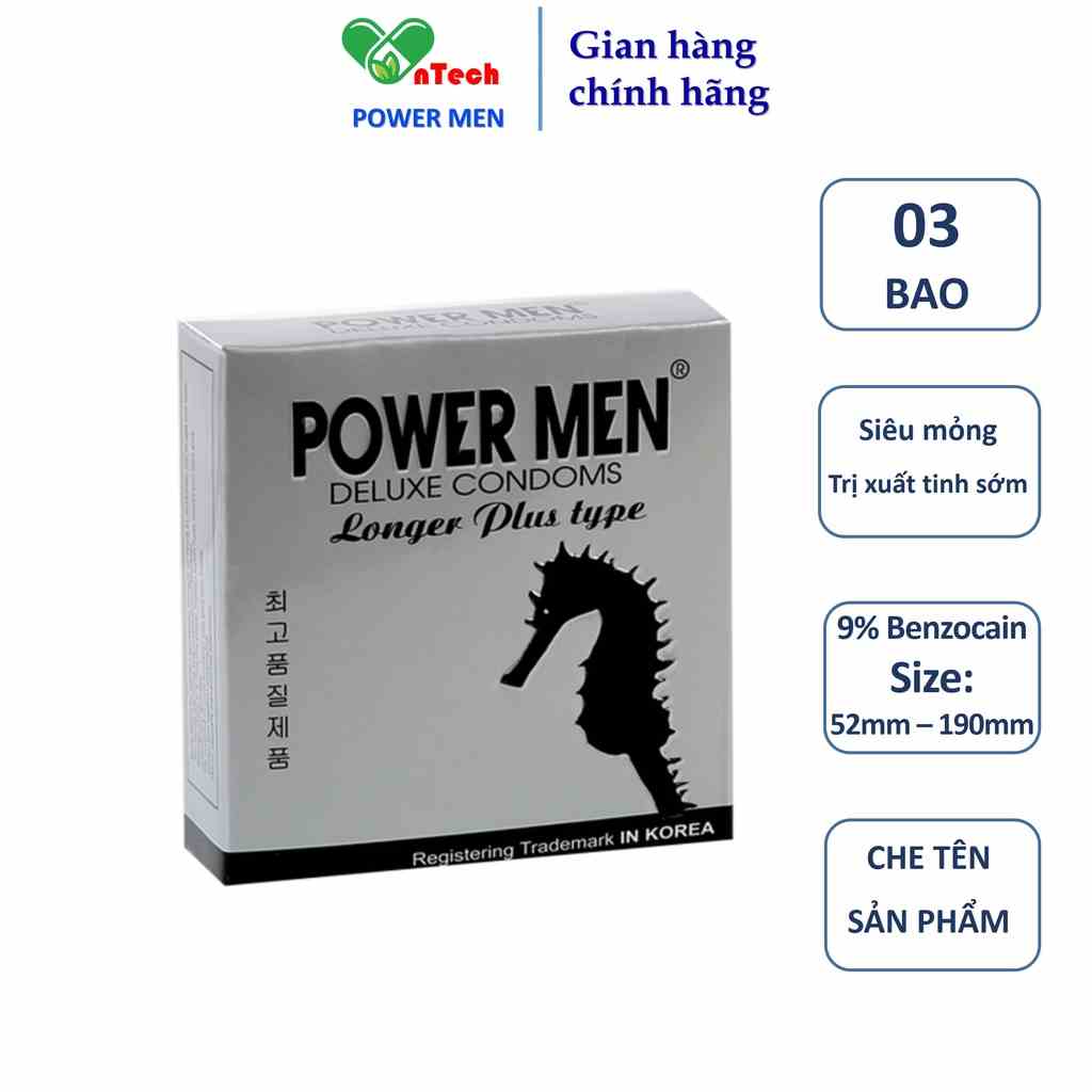 Bao cao su POWER MEN LONGER PLUS gân gai tăng khoái cảm kéo dài thời gian chứa 9% Benzocain hạn chế xuất tinh sớm 3 bao