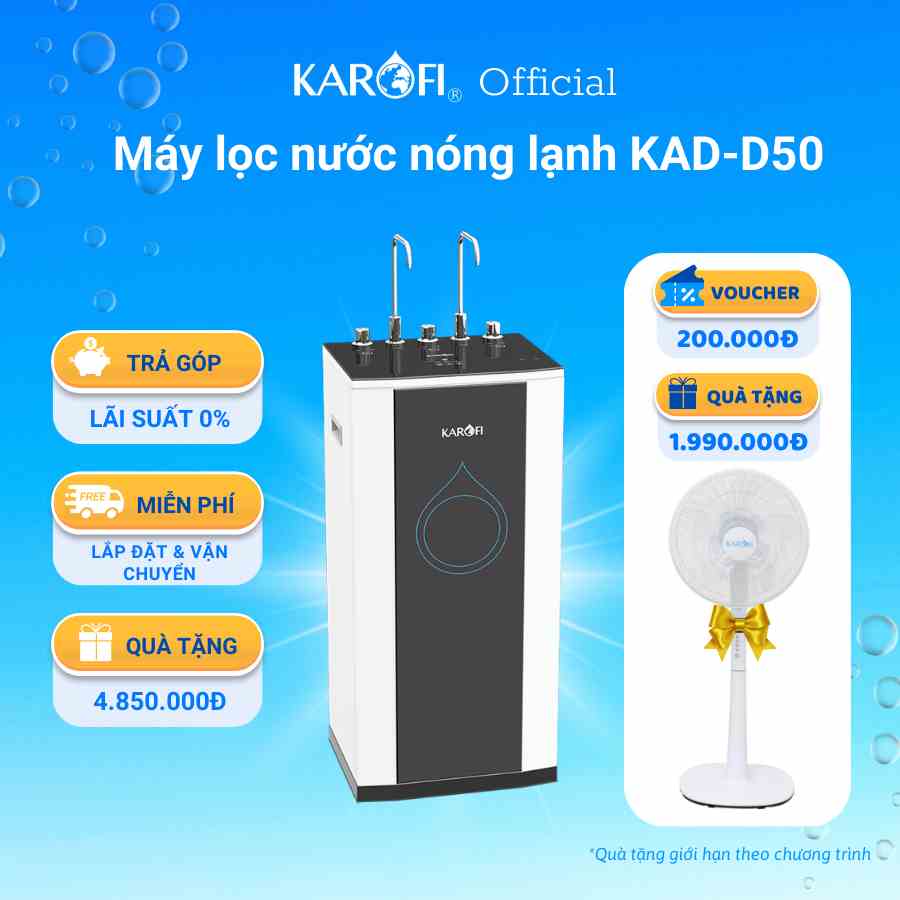 Máy lọc nước nóng lạnh 2 vòi 10 lõi Smax có đèn cảnh báo thay lõi KAROFI KAD-D50 - Bảo hành 36 tháng