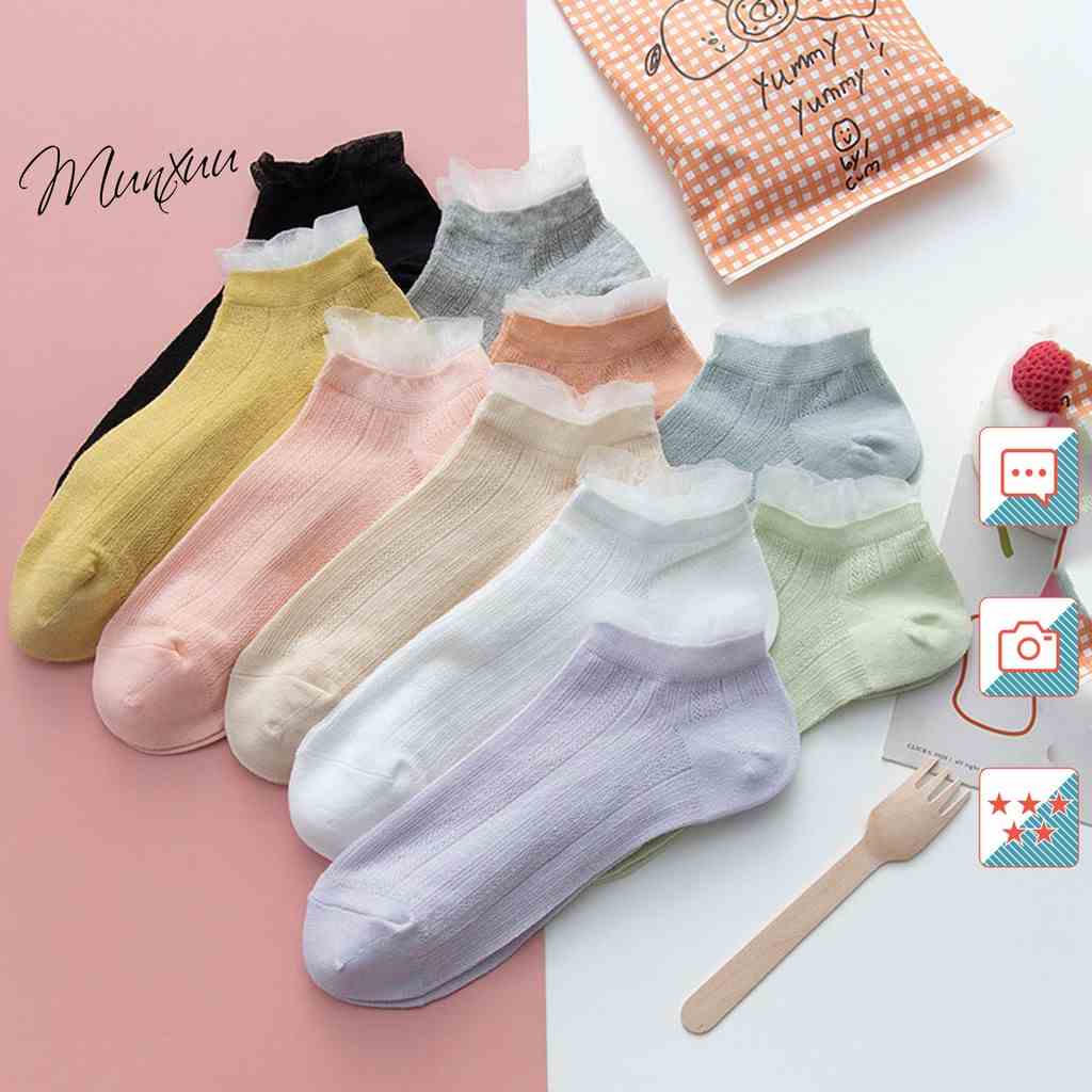 Tất nữ cổ ngắn phối viền bèo tiểu thư chất Cotton co dãn - MUNXUU T06