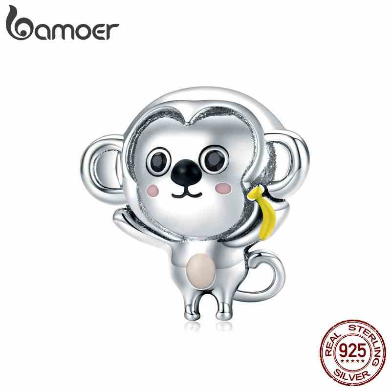 Hạt phụ kiện BAMOER SCC1575 bạc 925 họa tiết chú khỉ kim loại dễ thương dùng làm vòng tay/ trang sức thủ công