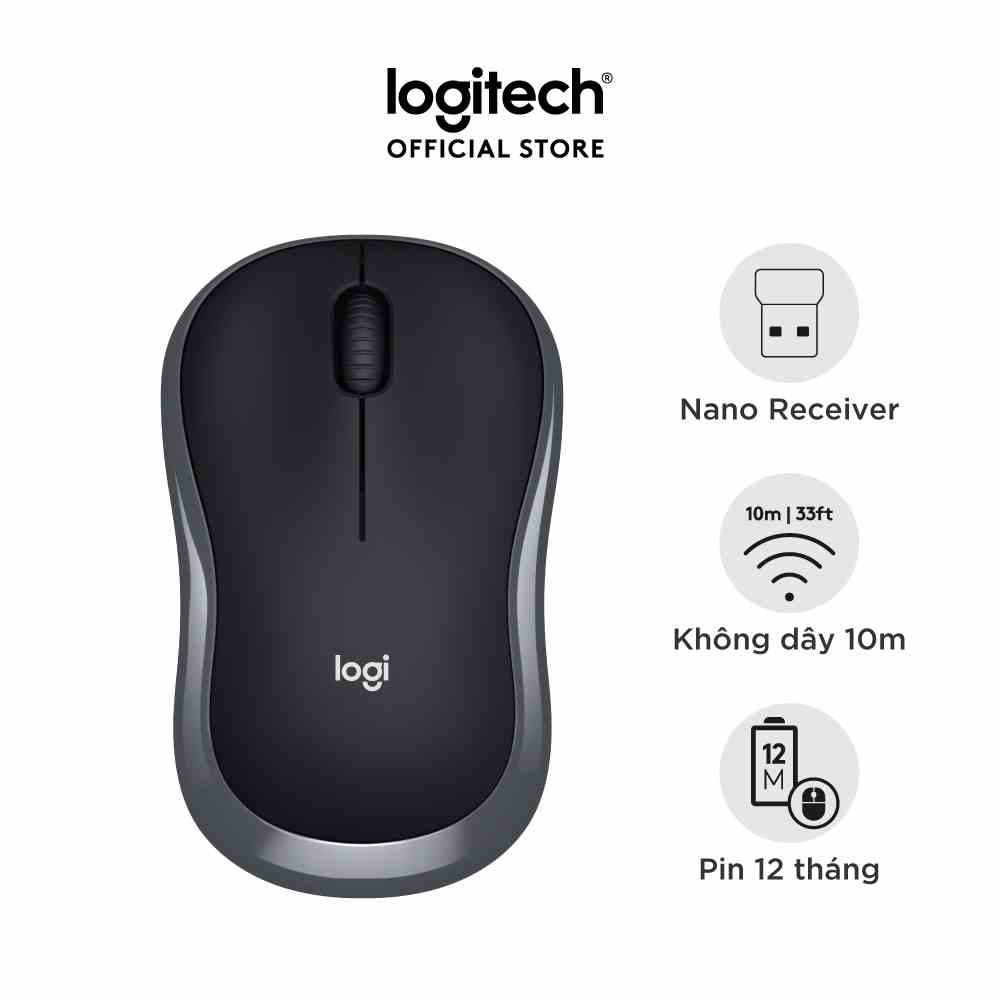 Chuột không dây Logitech M186 - USB, nhỏ gọn, thuận cả 2 tay, phù hợp PC/Laptop