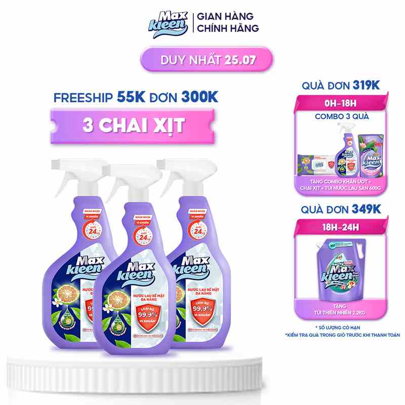 Combo 3 Chai Nước Lau Bề Mặt Đa Năng MaxKleen (520ml/chai)