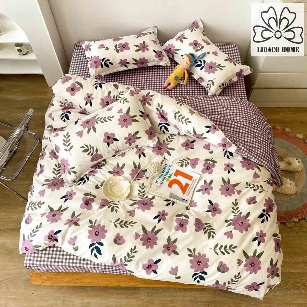 Bộ chăn ga gối cotton poly Lidaco decor phòng ngủ vintage - Hoa nhí tím (SP004448)