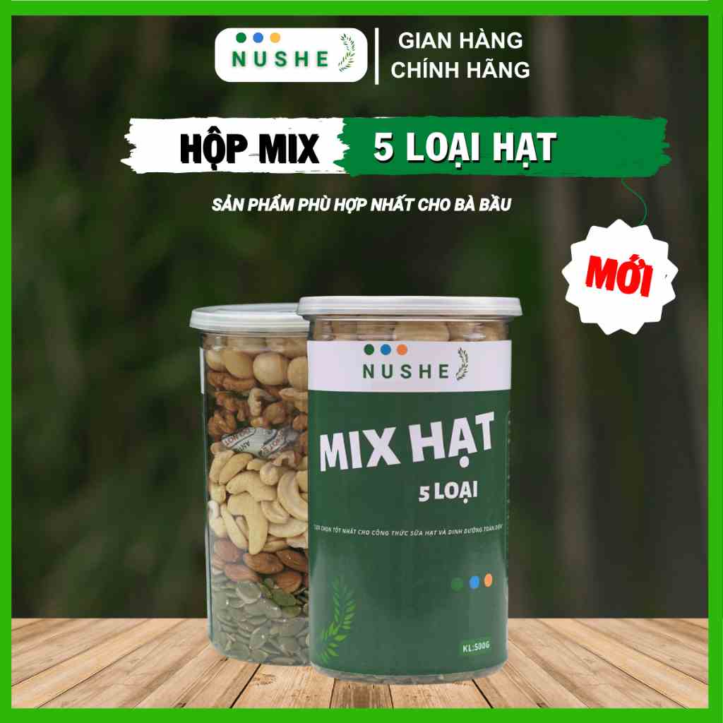 Hộp Mix 5 loại hạt cho bà bầu, Nushe Food, Giòn, Thơm, Hộp 500 gram, Bổ sung dinh dưỡng, Healthy Food, Tăng cân