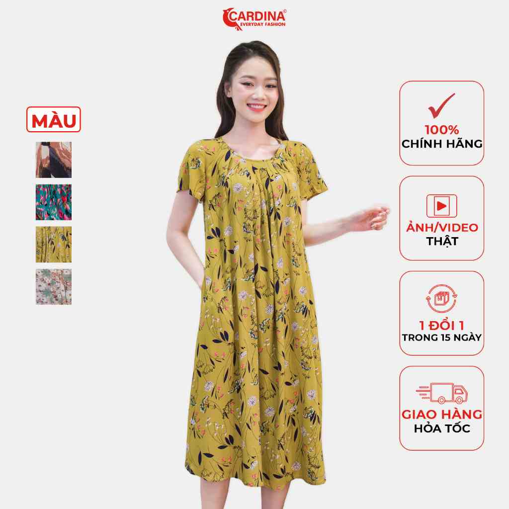 Đầm Nữ 𝐂𝐀𝐑𝐃𝐈𝐍𝐀 Chất Lanh Tre Cao Cấp Áo Cộc Tay Dáng Suông Xếp Ly Thân Trước Trẻ Trung 3VL06