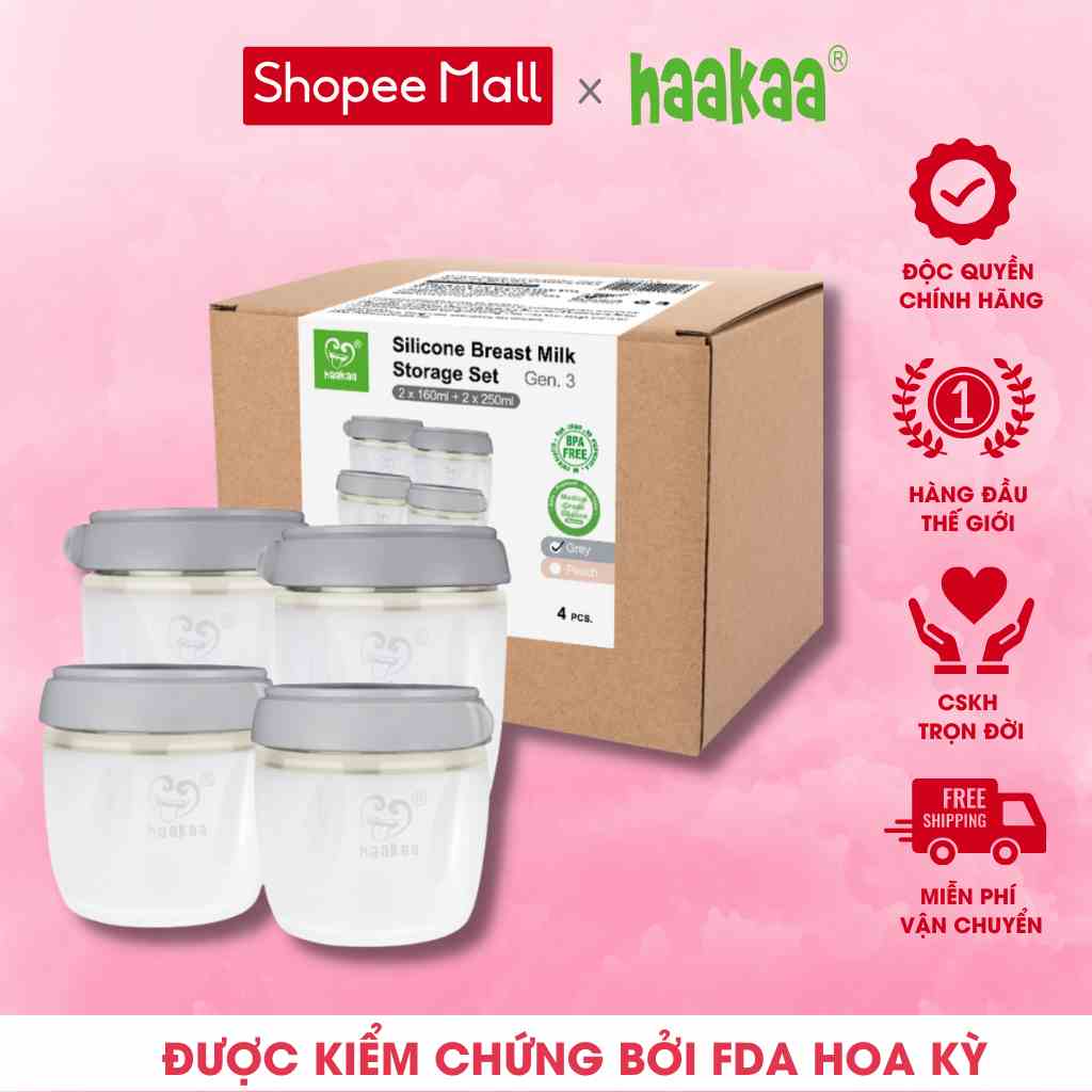 Combo 4 bình trữ sữa, thức ăn silicone Haakaa | Dung tích 160ml và 250ml