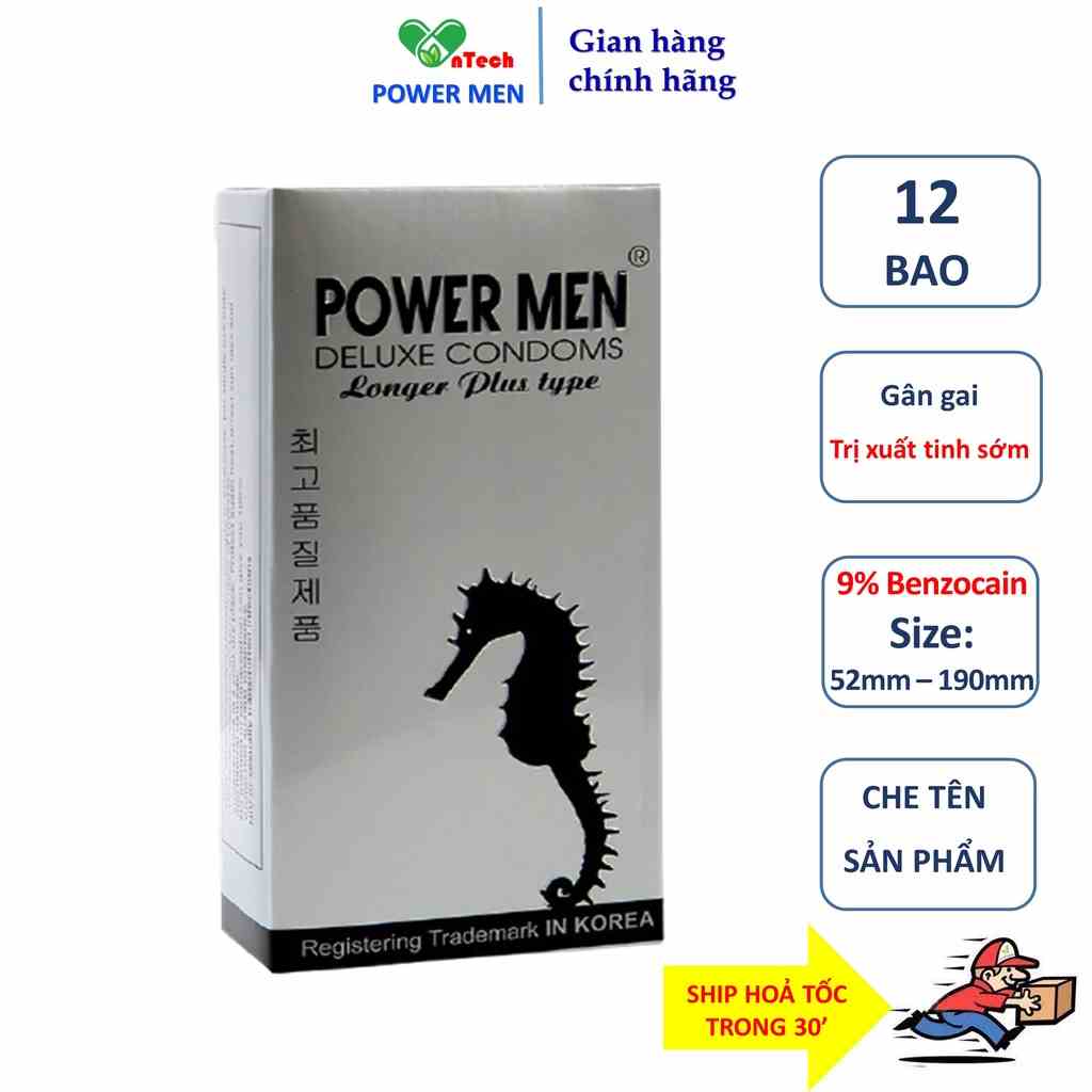 Bao cao su POWER MEN LONGER PLUS gân gai tăng khoái cảm kéo dài thời gian có 9% Benzocain hạn chế xuất tinh sớm 12 bao