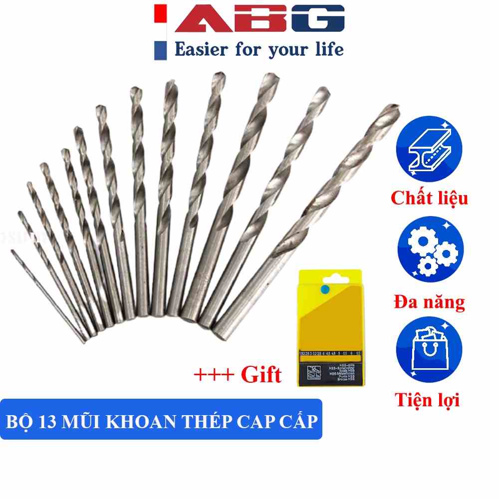 Bộ 13 Mũi Khoan ABG Thép HSS 1.6 – 6.5mm Cao Cấp Nhiều Đường Kính Dùng Được Tất Cả Mẫu Máy Khoan Cầm Tay Thông Dụng