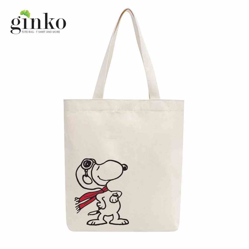 Túi tote vải mộc GINKO có dây kéo khóa ( có túi con bên trong) in hình Snoopy and Friends M100