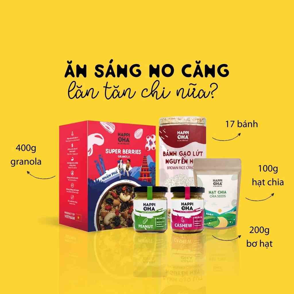 [Set ăn sáng]: Granola ăn kiêng 400g + Bơ Hạt 100g + Bánh Gạo Lứt 170 + Hạt chia 100g HAPPI OHA