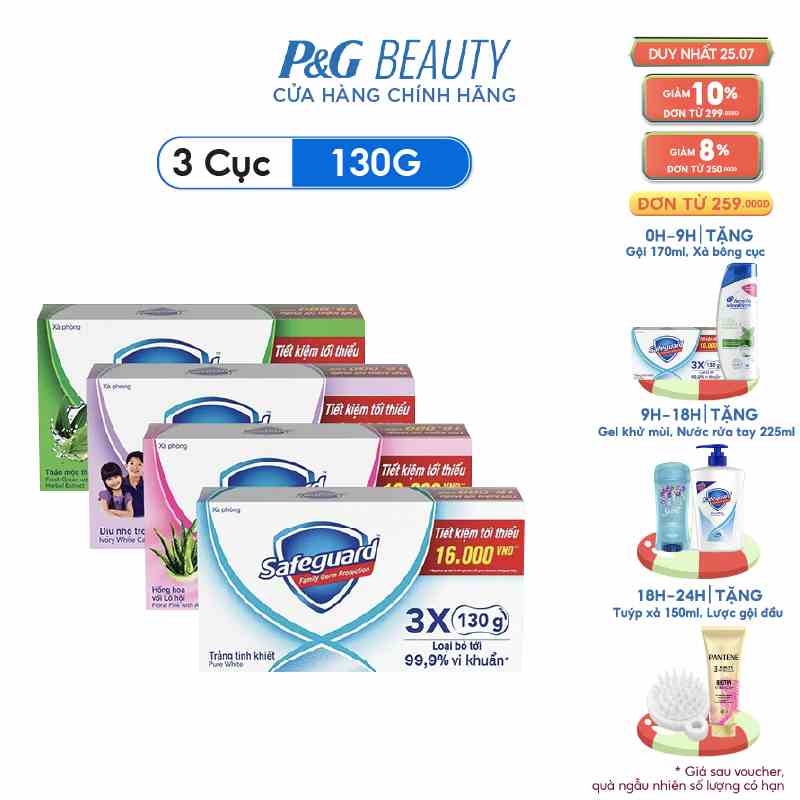 Combo 3 Xà Bông Cục SAFEGUARD Sạch 99,9% Vi Khuẩn & Dịu Nhẹ Cho Da 130g