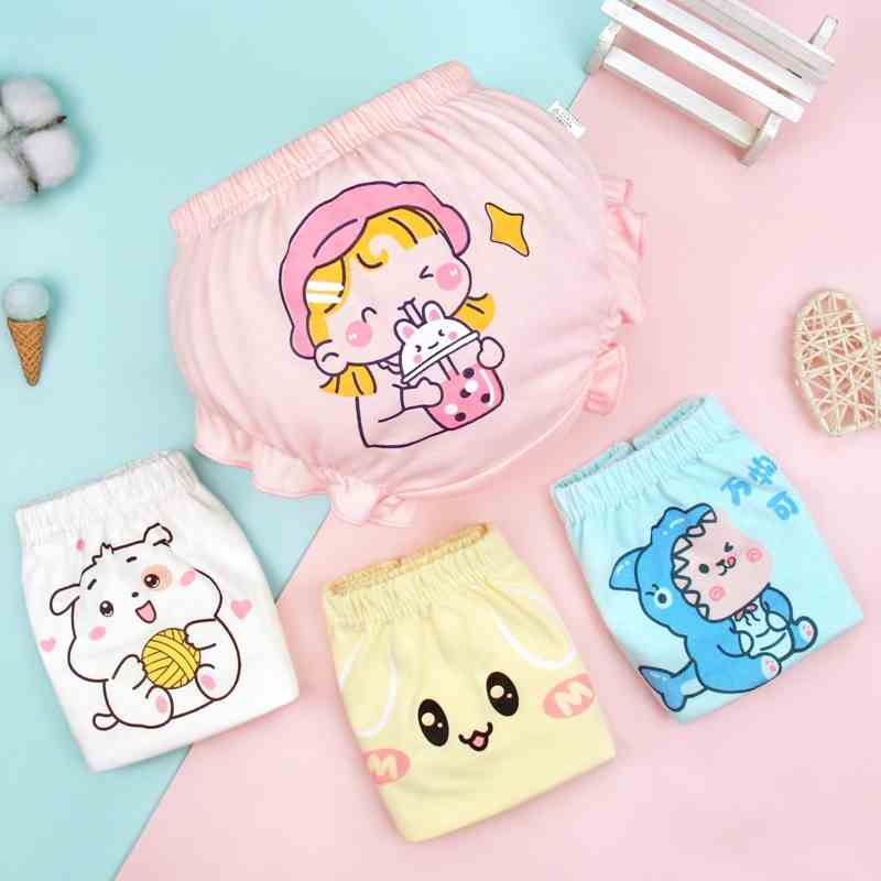 Set 4 quần lót LUCKY BIG CAT từ cotton mềm mại thoáng khí in họa tiết hoạt hình dễ thương cho bé gái