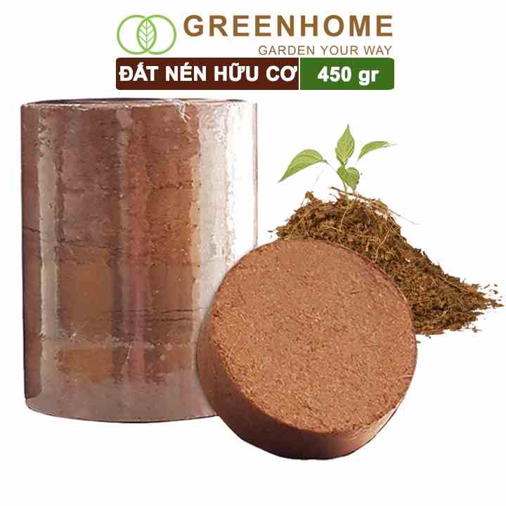 Đất nén hữu cơ Greenhome, 450gr, mụn sơ dừa bánh lớn đã qua xử lý, nở gấp 5 lần, trồng rau, trộn giá thể trồng cây