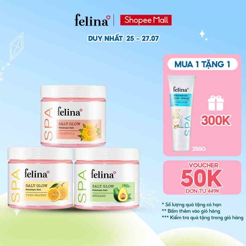 Combo 3 Hộp Muối Tắm Tẩy Tế Bào Chết Body Felina Home Spa 500g/hộp từ muối hồng Himalaya - Da sáng mịn rạng rỡ