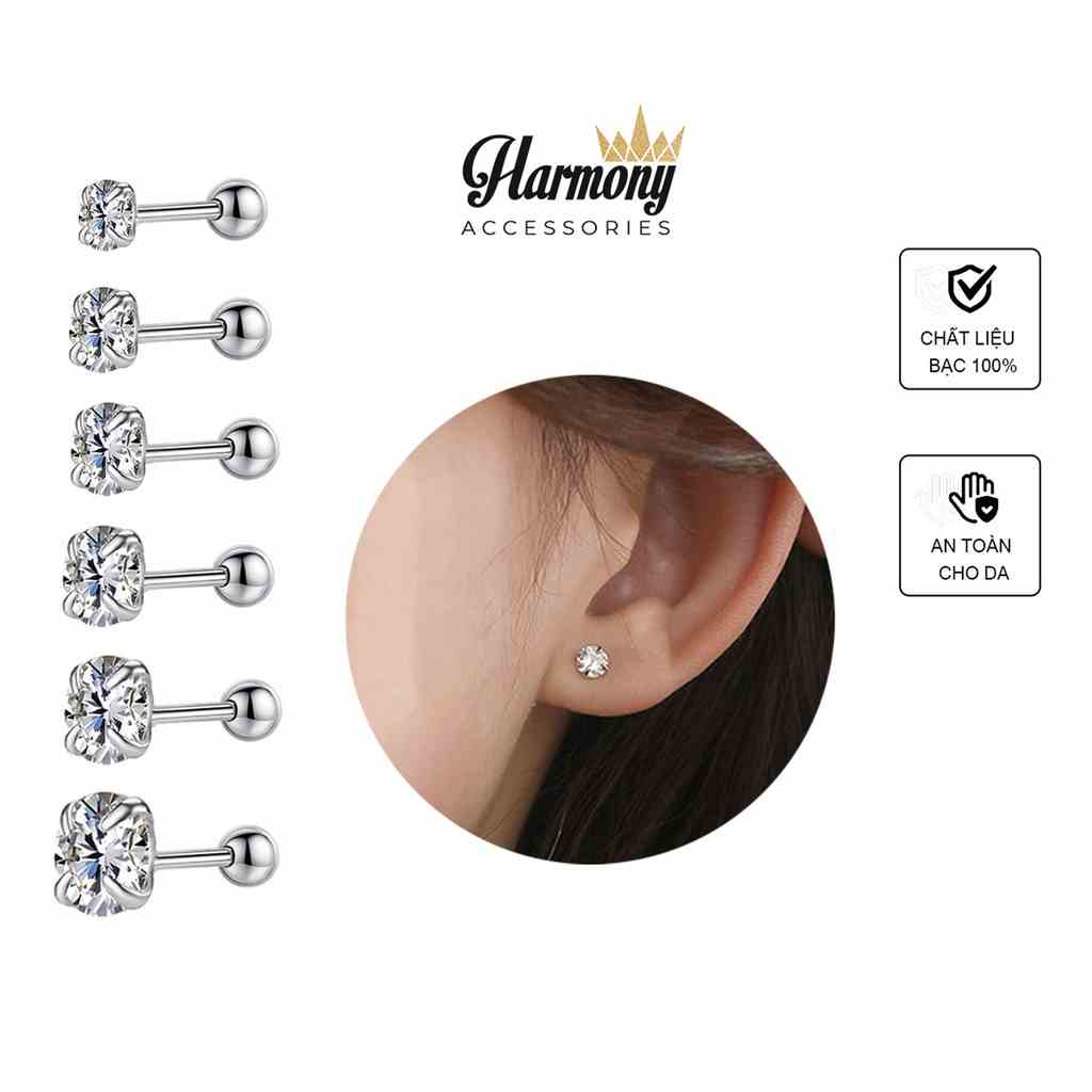 Khuyên tai tròn bạc nữ tính mặt đá bi vặn nhiều size đơn giản, xinh xắn | HARMONY ACCESSORIES K190