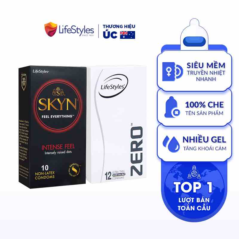 Combo 1 Hộp Bao Cao Su Siêu Gai Non-latex SKYN Intense 10 bao + 1 Hộp Zero Siêu Mỏng 12 bao