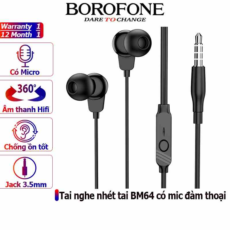 Tai nghe nhét tai BOROFONE BM64 chống ồn, nghe hay có mic đàm thoại, dây dài 1.2m - Chính hãng